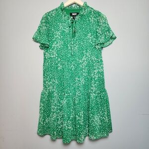 DKNY Green Floral Short Sleeve Tie-Neck Dress